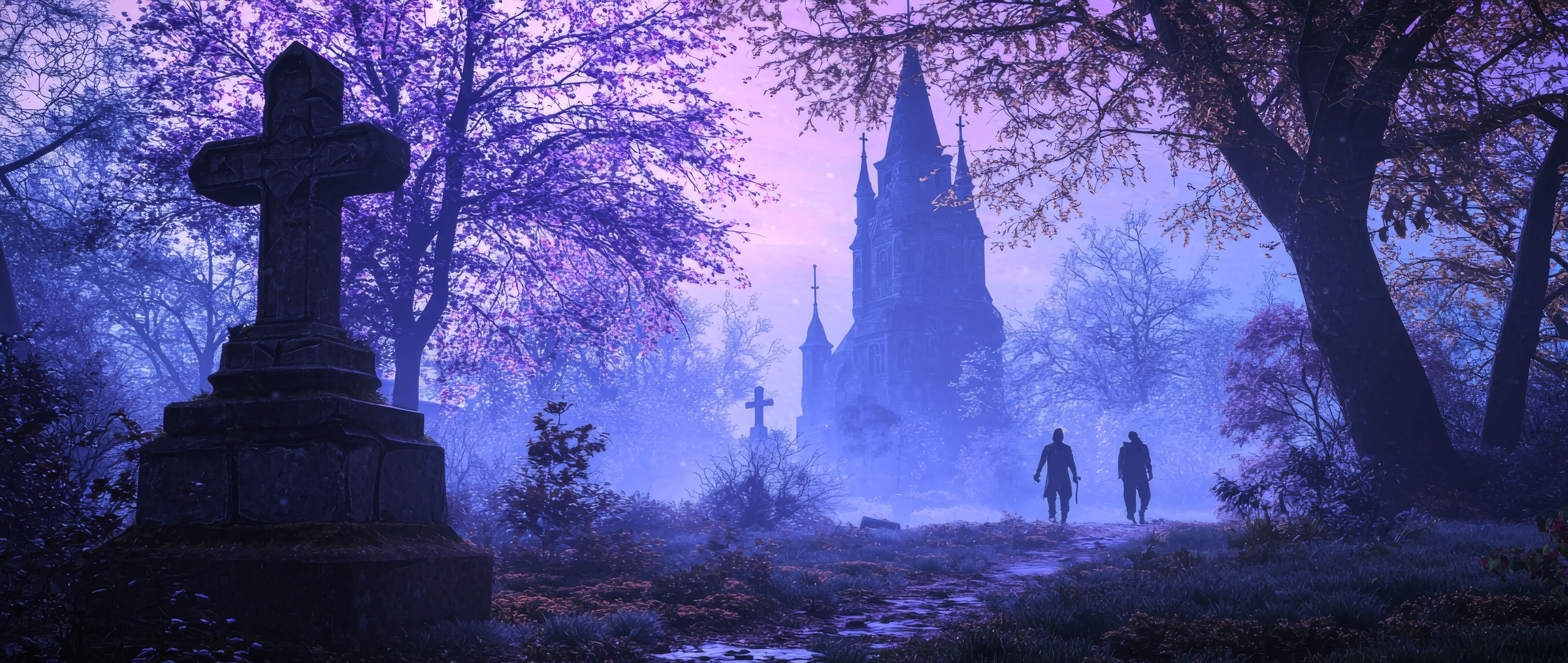 Halloween-Szene auf einem Spukfriedhof mit Silhouetten, die sich durch eine unheimliche Landschaft bewegen; fotografisches Konzept mit dramatischer Atmosphäre und Platz für Text.