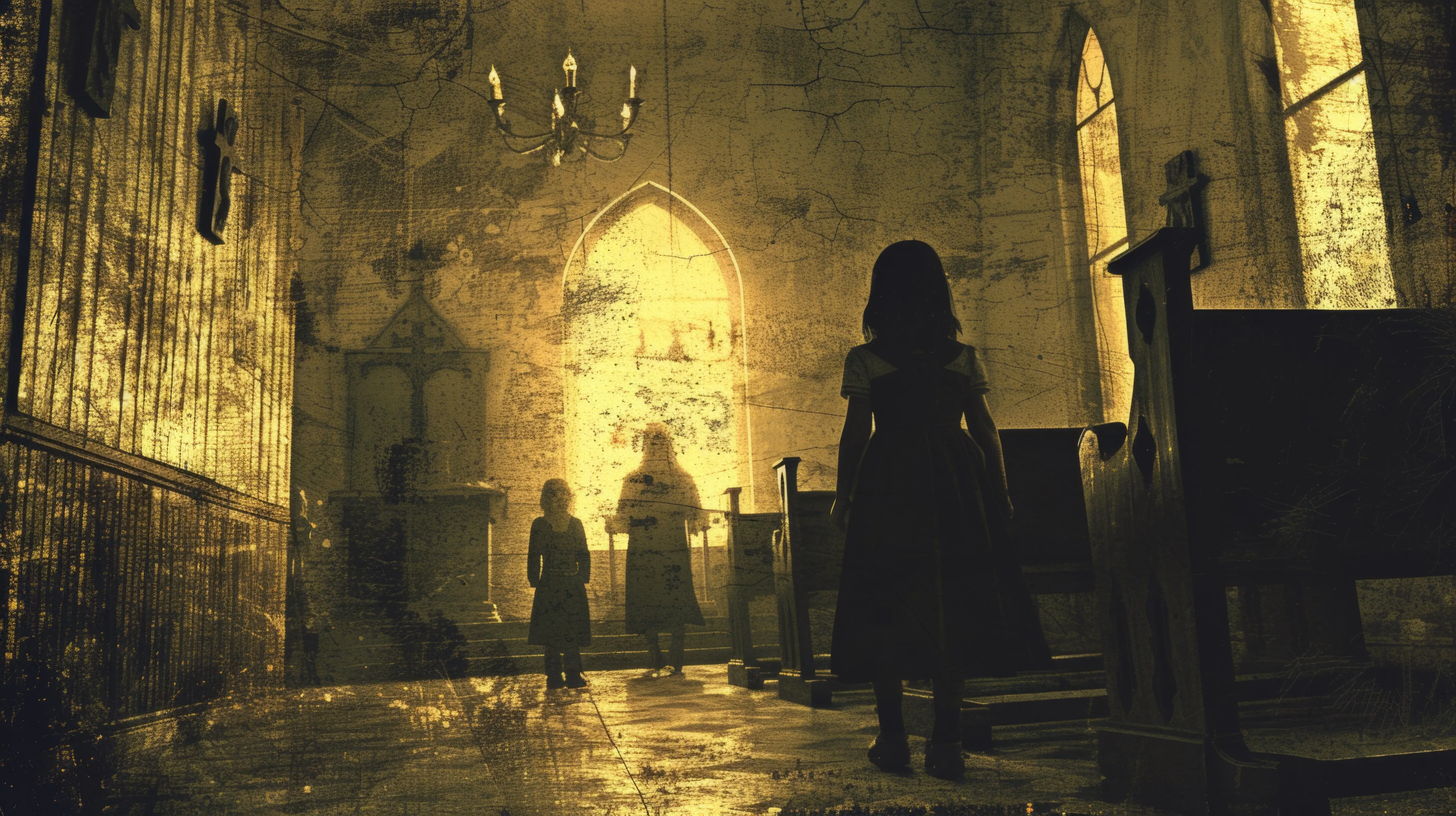 Unheimlich aussehende Menschen stehen in einer Kirche mit Buntglasfenstern, KI