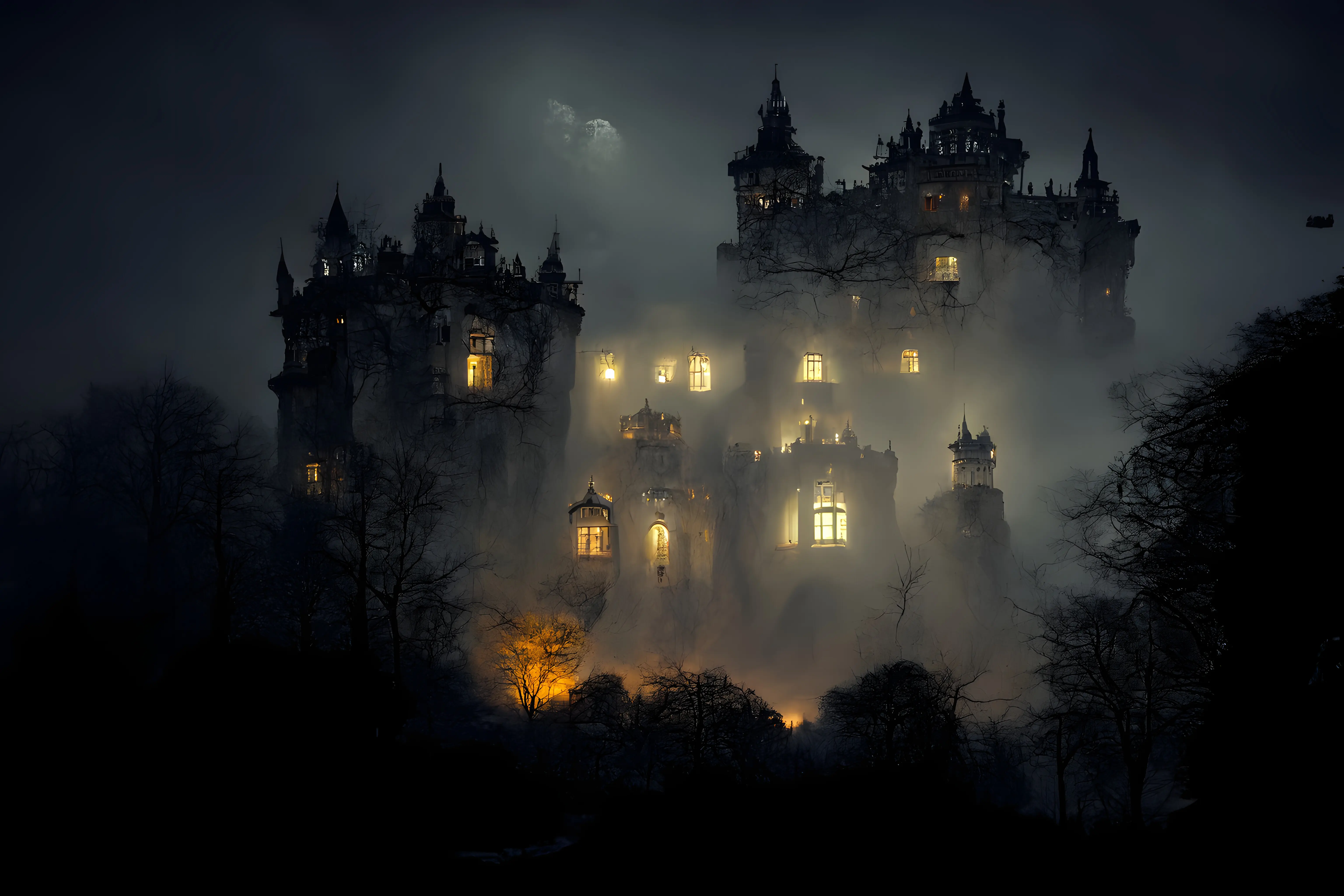 Großes Spukschloss mit vielen beleuchteten Fenstern in einer unheimlichen, nebligen, dunklen Halloween-Nacht, von einem neuronalen Netzwerk generierte Kunst.